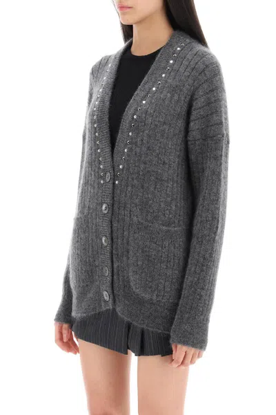 Shop Alessandra Rich Cardigan With Studs And Crystals In Grey