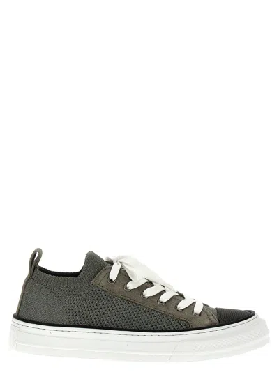 Shop Brunello Cucinelli Lurex Knit Sneakers Silver