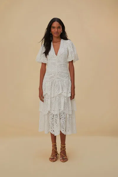 Farm Rio White Cotton Eyelet Puff Sleeve Midi Dress In Off-white