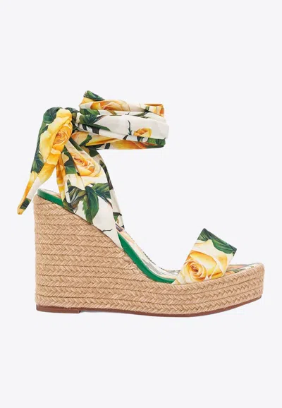 Shop Dolce & Gabbana 90 Silk Floral Wedge Sandals In Yellow