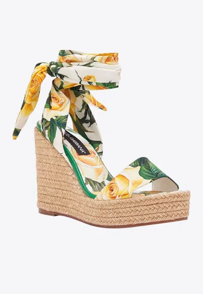 Shop Dolce & Gabbana 90 Silk Floral Wedge Sandals In Yellow