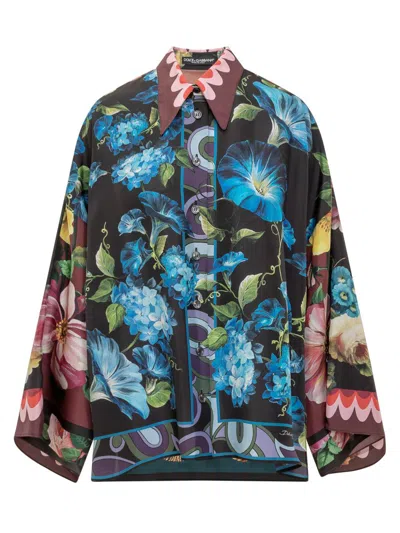 Shop Dolce & Gabbana Habotai Silk Flower Print Over Shirt In Black