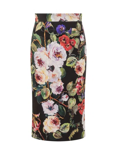 Shop Dolce & Gabbana Rose Garden Silk Charmeuse Longuette Skirt In Black