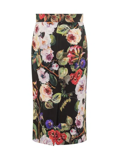 Shop Dolce & Gabbana Rose Garden Silk Charmeuse Longuette Skirt In Black