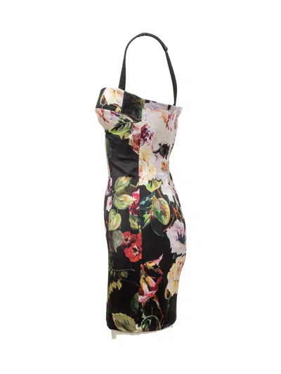 Shop Dolce & Gabbana Rose Garden Print Stretch Silk Satin Bustier Dress In Black
