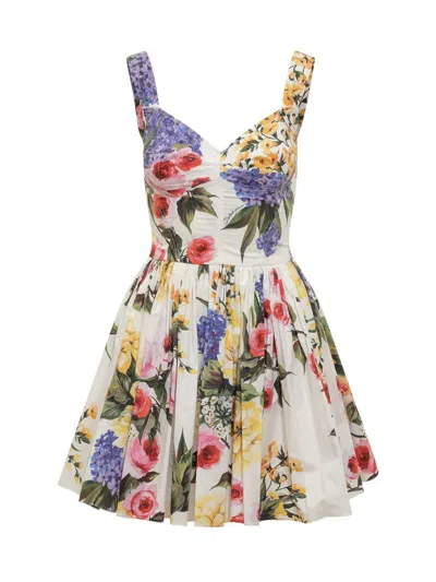 Shop Dolce & Gabbana Short Bustier Dress In Cotton Poplin Garden Print In White