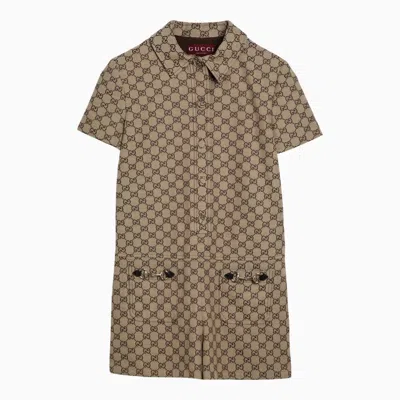 Shop Gucci Short Jumpsuit In Camel Gg Supreme Fabric Women In Brown