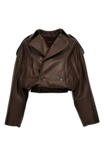 Shop Loewe Women Double-breasted Leather Jacket In Brown