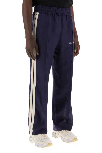 Shop Palm Angels Linen Joggers With Side Stripes Men In Blue