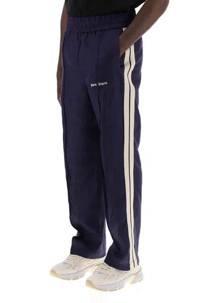 Shop Palm Angels Linen Joggers With Side Stripes Men In Blue