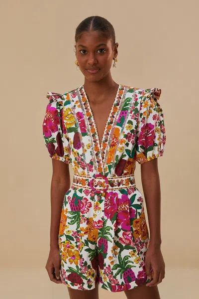 Farm Rio Active Off-white Flowerful Sketch Romper