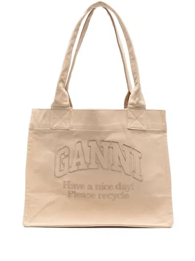 Shop Ganni Logo Large Cotton Tote Bag In Beige