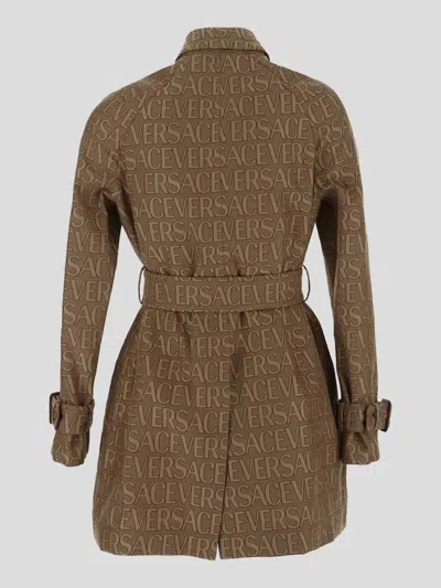 Shop Versace All-over Logo Short Trench Coat In Brown+beige