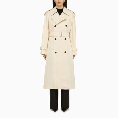 Shop Burberry Long Double-breasted Beige Cotton Trench Coat