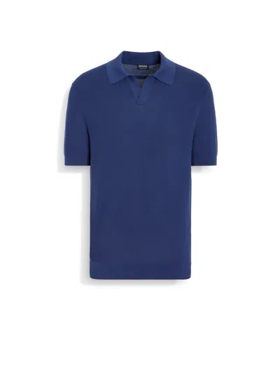 Shop Zegna Utility Blue Premium Cotton Polo Shirt