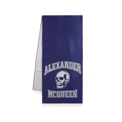 Shop Alexander Mcqueen Varsity Skull Logo Scarf - Wool - Blue