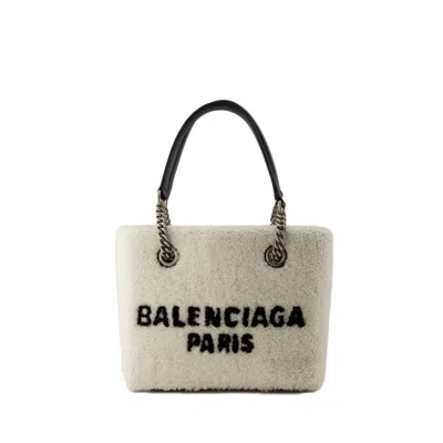 Shop Balenciaga Duty Free S Shopper Bag - Fake Fur - Beige In Neutrals