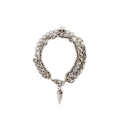 Shop Alexander Mcqueen Skl & Pearl Bracelet - Metal - Metallic In White