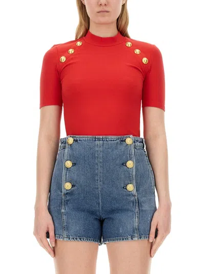 Shop Balmain Button Embellished Slim Fit Top In Red