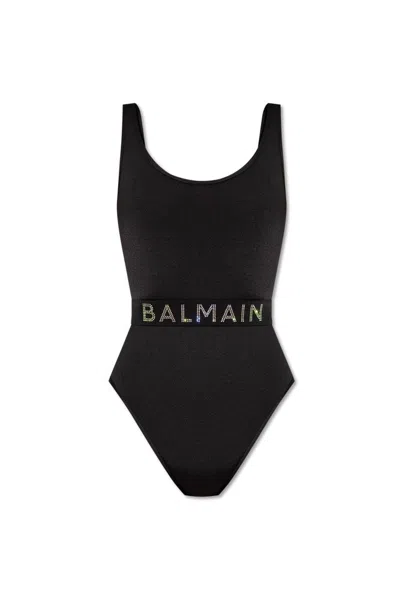 Shop Balmain Logo Embellished One Piece Swimsuit In Black