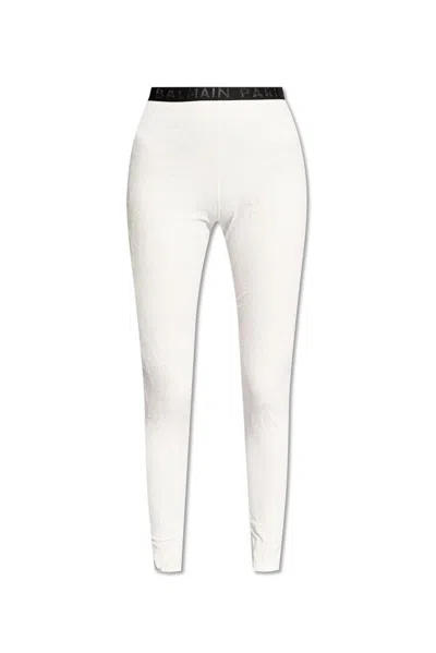 Shop Balmain Logo Waistband Leggings In White