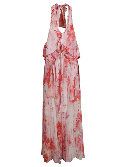Shop Msgm Floral Printed Halterneck Midi Dress In Multi