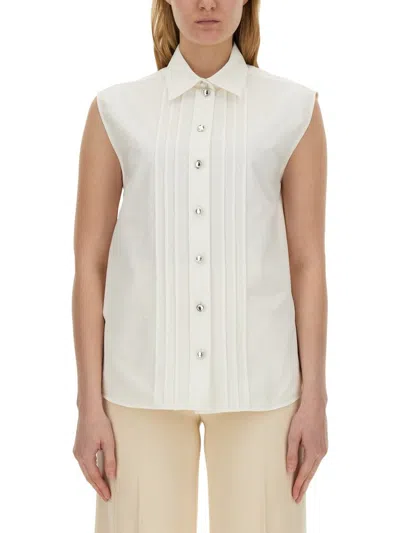 Shop Moschino Pintuck Detailed Curved Hem Shirt In White