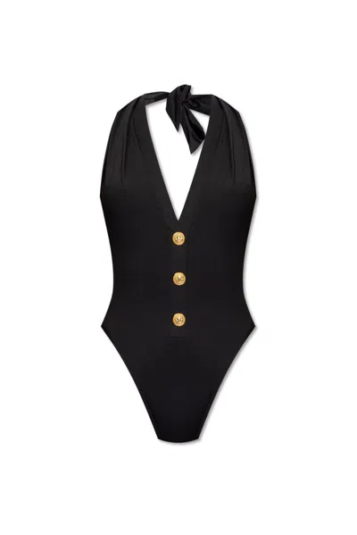 Shop Balmain Button Embellished One Piece Swimsuit In Black