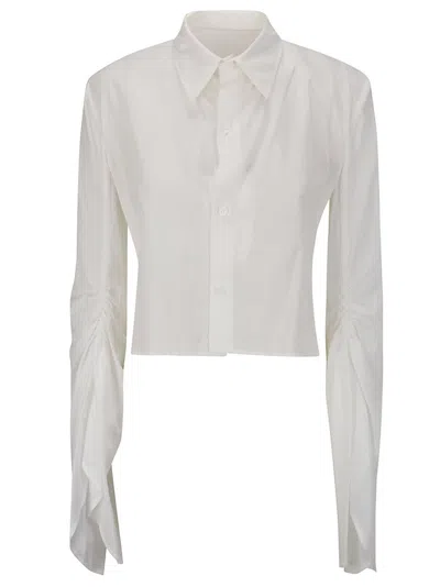 Shop Yohji Yamamoto Swallowtail Gathered Sleeved Shirt In White