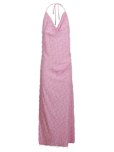 Shop Msgm Fringe Detailed Halterneck Midi Dress In Pink