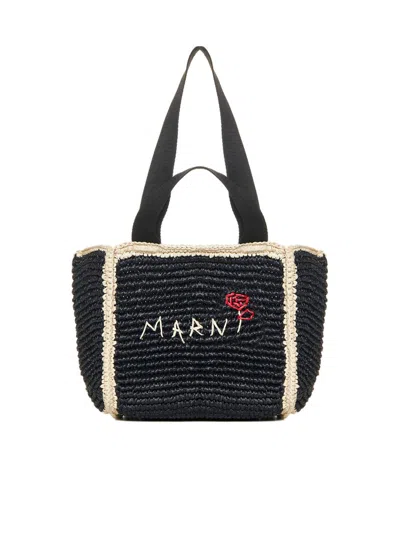 Shop Marni Logo Embroidered Woven Top Handle Tote Bag In Black