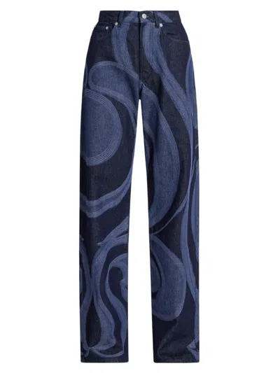 Shop Dries Van Noten Women's Peyton Swirled Wide-leg Jeans In Indigo