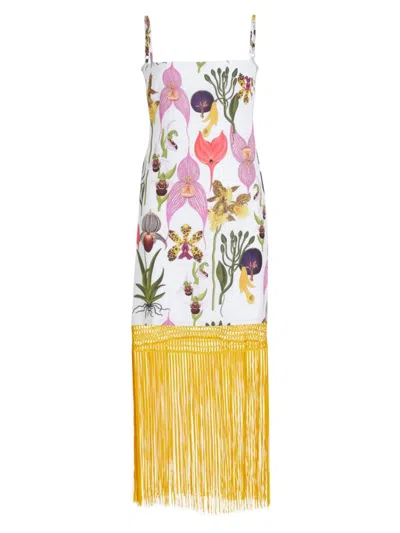 Shop No Pise La Grama Women's Papillon Fringe-trim Slipdress In Botanica White Print
