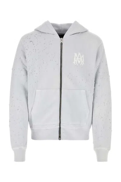 Shop Amiri Logo Printed Distressed Zipped Hoodie In Grey