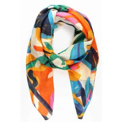 Shop Miss Shorthair Ltd Miss Shorthair 3155cr Bold Cotton Tropical Leaf Print Scarf With Striped Edge In Cream In Red