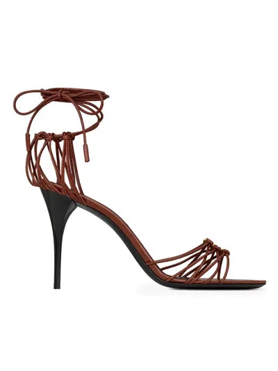 Shop Saint Laurent Women's Babylone Sandals In Smooth Leather In Dark Brown