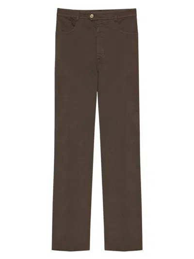 Shop Saint Laurent Women's Straight-leg Pants In Cotton In Dark Brown