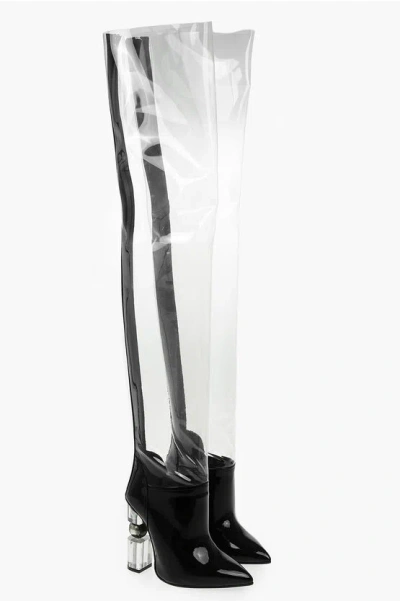Shop Balmain Pvc And Polished Leather Inna Thigh Boots With Sculptural He