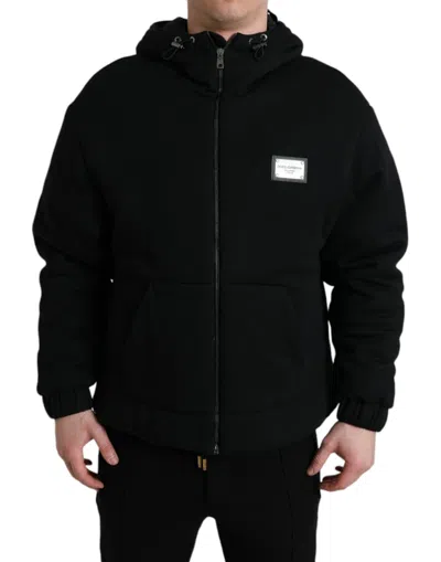 Shop Dolce & Gabbana Black Cotton Hooded Logo Bomber Jacket