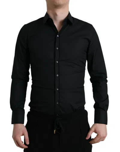 Shop Dolce & Gabbana Black Cotton Stretch Slim Formal Dress Shirt