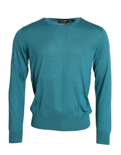 Shop Dolce & Gabbana Blue Silk Crew Neck Pullover Sweater