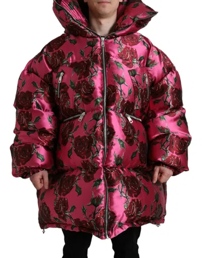 Shop Dolce & Gabbana Pink Roses Pattern Hooded Padded Zip Jacket