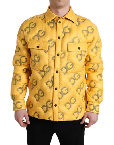 Shop Dolce & Gabbana Yellow Logo Padded Buttoned Blouson Jacket