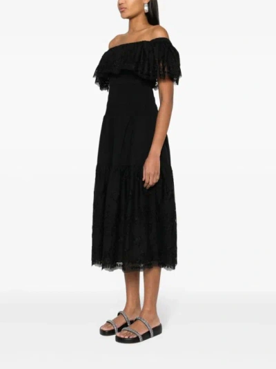 Shop Self-portrait Off-shoulder Cotton Midi Dress In Black