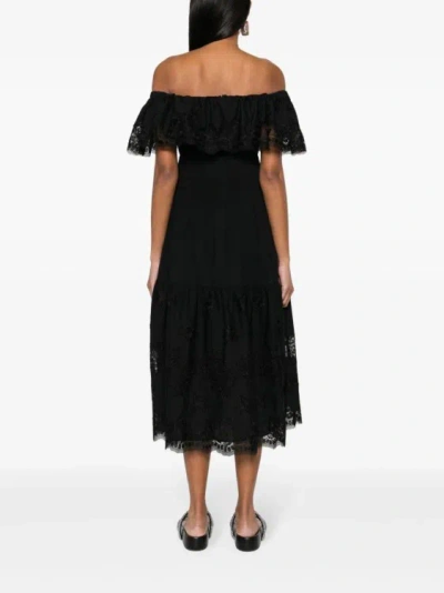 Shop Self-portrait Off-shoulder Cotton Midi Dress In Black