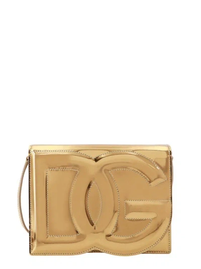 Shop Dolce & Gabbana Mirrored Leather Shoulder Bag With Frontal Monogram In Gold