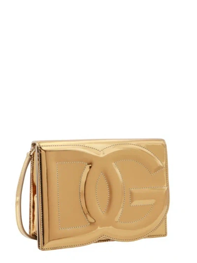 Shop Dolce & Gabbana Mirrored Leather Shoulder Bag With Frontal Monogram In Gold