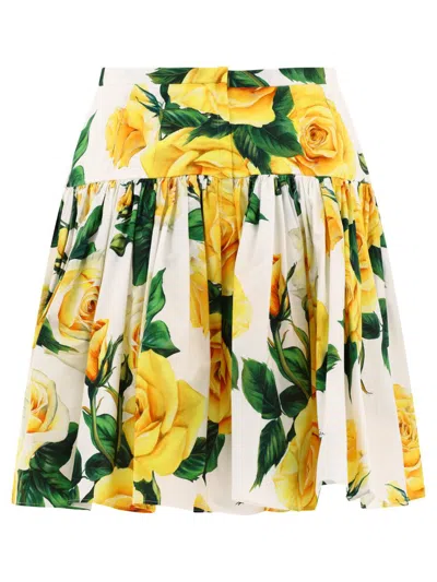Shop Dolce & Gabbana Short Cotton Skirt With Rose Print In Yellow