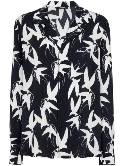 Shop Balmain White/black Swallow-print Shirt