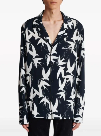Shop Balmain White/black Swallow-print Shirt